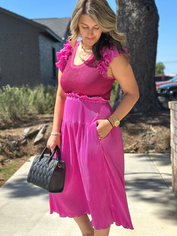 Fuchsia Layered Ruffle Scoop Neck Dress
