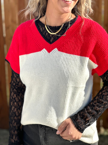 Red/Black Contrast V-Neck Sweater Top