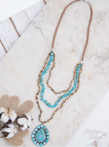 Turquoise Stone & Brown Neutral Mix Layer Necklace
