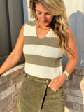 Olive Stripe V-Neck Sleeveless Sweater