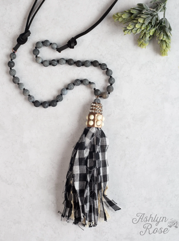 Plaid Tassel and Natural Black Stone Layer Necklace