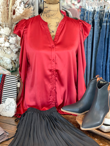 Red Satin Puff Sleeve
