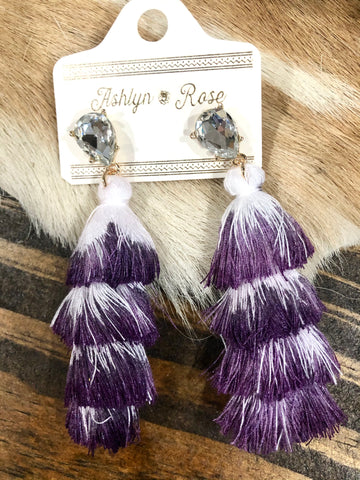 Purple Crystal & Tassel Layer Earrings
