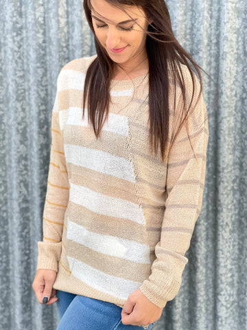 Lightweight Tan Multi-Stripe Sweater